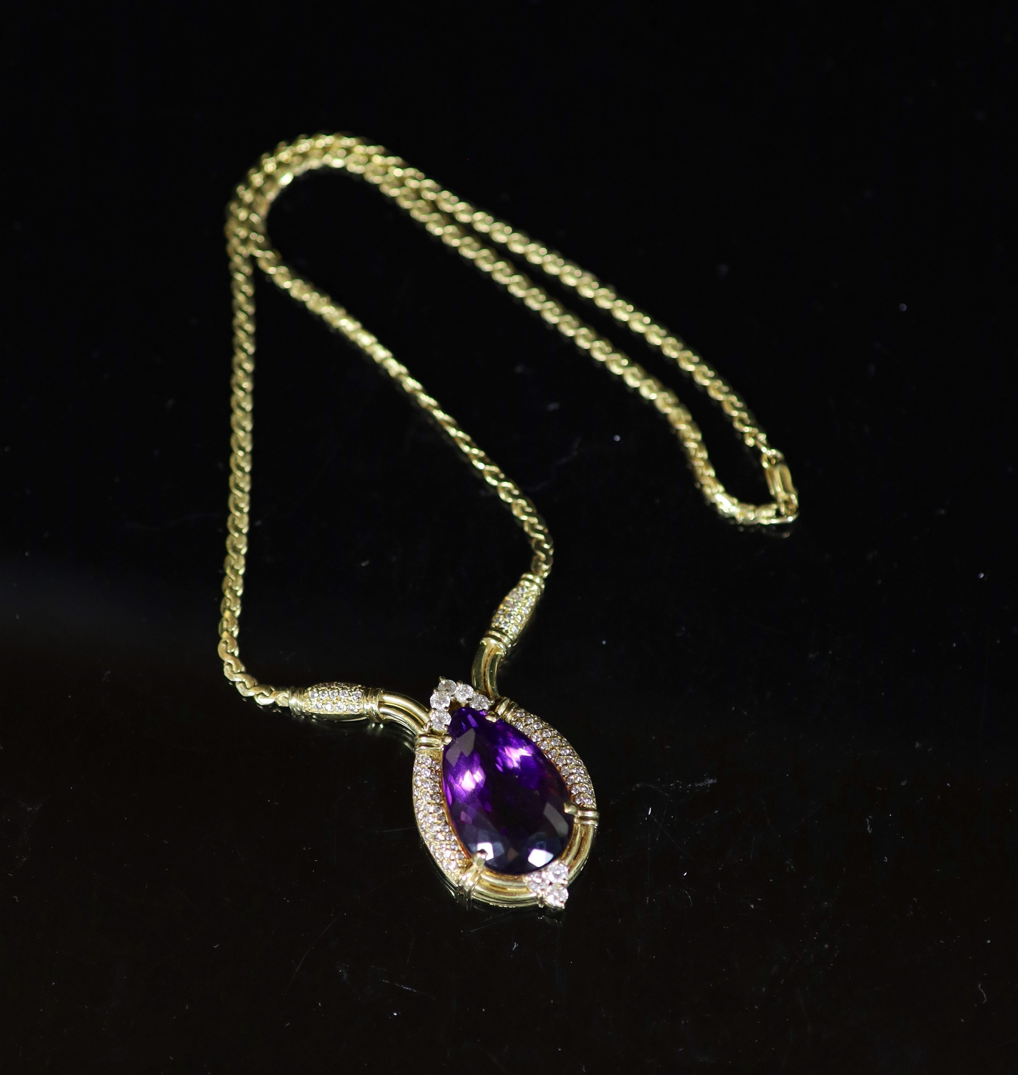 A French Boucheron gold, pear shaped amethyst and diamond cluster set pendant necklace